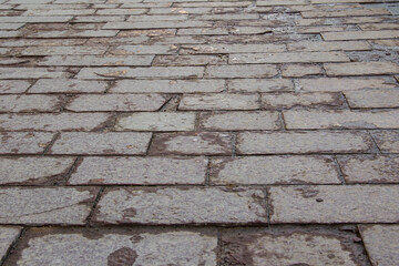 Cracked rectangular tiles on the sidewalk.