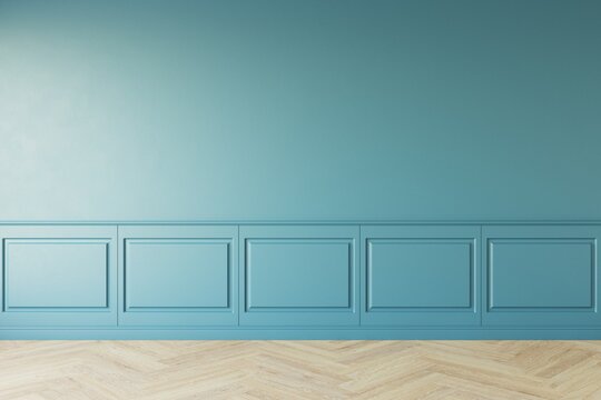 Classic style empty blue room with wood laminate floor and classic wall pannels, window sun light effect, Perspective of  home interior illumination, 3D illustration