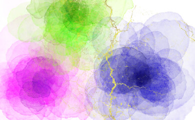 Alcohol ink flowers.Marble texture.Gold ink.