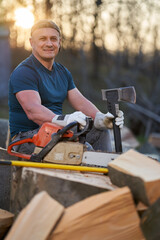 Lumberjack by sawn off logs