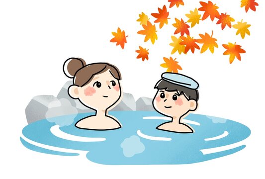 紅葉が見える秋の露天風呂に入る人物イラスト
