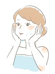 お風呂上がりにスキンケアをする女性のイラスト