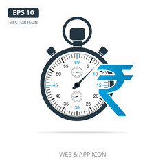 Stopwatch with Indian Rupee sign, Time is money business concept. Costs optimization. vector illustration