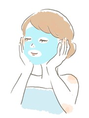 お風呂上がりにスキンケアをする女性のイラスト