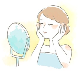 お風呂上がりにスキンケアをする女性のイラスト