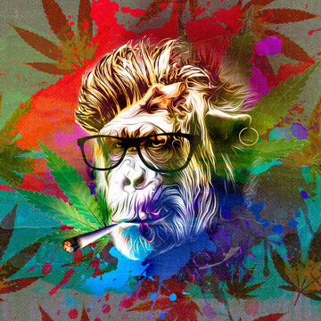 grunge background with graffiti and painted monkey with cannabis cigarette 