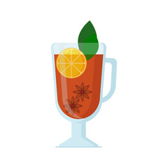 Grog isolated on white background. Soft hot drink Grog, beautiful glass on stem, slice of lemon, anise stars, mint leaves. Vector illustration in flat cartoon style