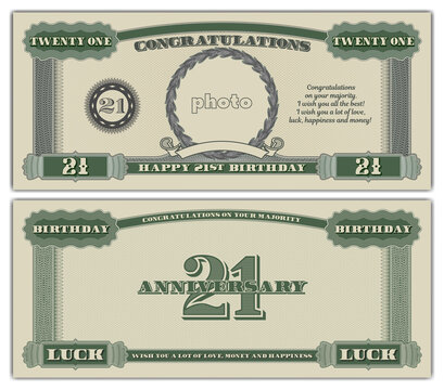 Festive greeting card in the style of vintage American paper dollars. Happy 21st birthday. Congratulations. Majority. Obverse and reverse of the banknote. Place for photo