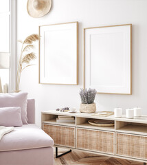 Frame mockup in fresh spring living room interior background, 3d render