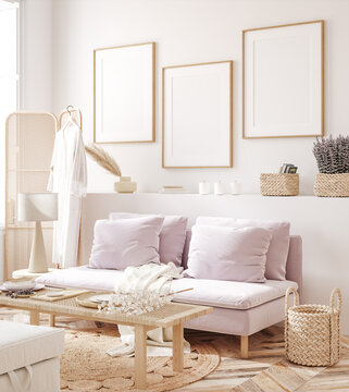 Frame mockup in fresh spring living room interior background, 3d render
