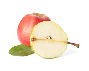 Tasty pear and apple fruits on white background