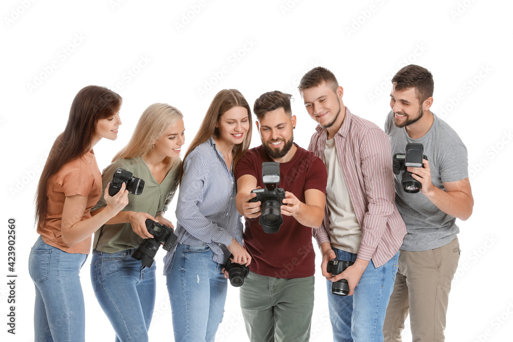 Poster Group of young photographers on white background