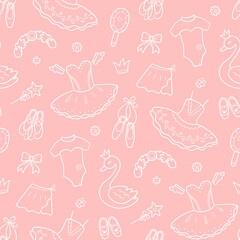 Seamless pattern for little ballerina with ballet accessories. Hand drawn tutu, pointes, ballet dress, swan, crown. Vector illustration in doodle style on white background