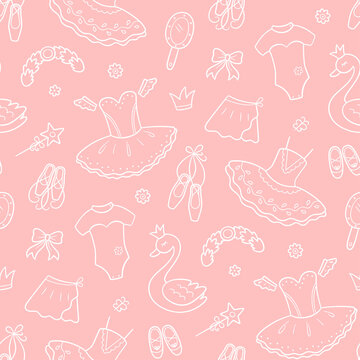 Seamless pattern for little ballerina with ballet accessories. Hand drawn tutu, pointes, ballet dress, swan, crown. Vector illustration in doodle style on white background