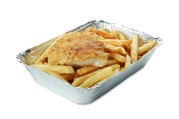 Foil container with fried fish and chips isolated on white background