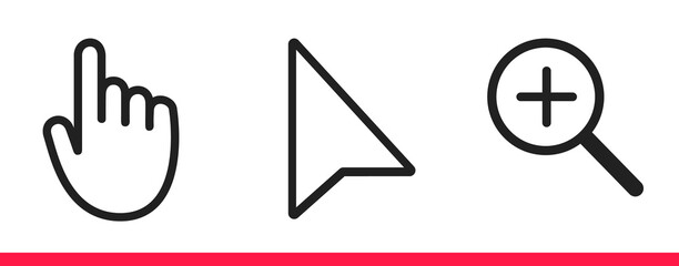 Black and white arrow, hand and magnifier mouse cursor icons vector illustration set flat style design isolated on white background.