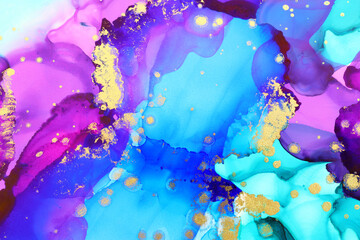 art photography of abstract fluid art painting with alcohol ink, blue, purple, green and gold colors