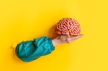 female hand hold human brain on yellow background.