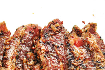 Korean style marinated pork belly slices. Meat industry product. Close up, selective focus