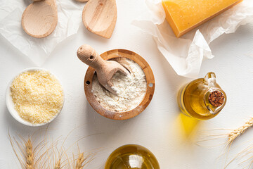 Top view on baking kitchen utencils and ingredients