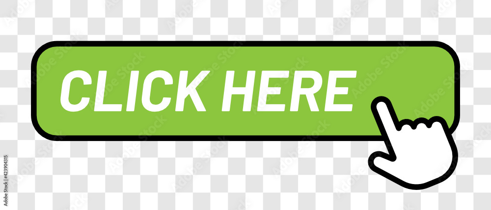 Poster Click Here green button vector element with white hand cursor.