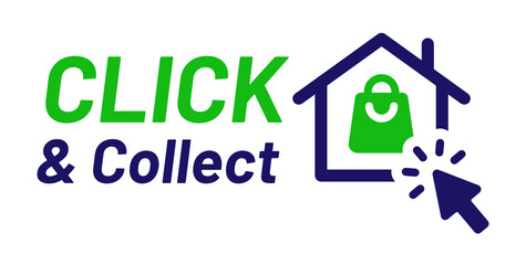 Click and collect vector illustration for online store. Cursor clicking on shopping bag.