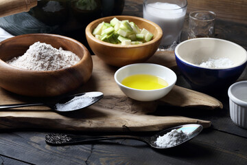 Vegan Pancake Ingredients: Green buckwheat flour, coconut milk, salt, grape syrup, cornstarch, baking powder, chopped zucchini, and apple cider vinegar