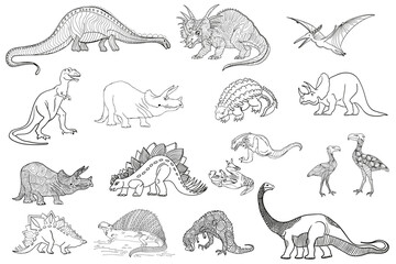 Triceratops. A series of prehistoric dinosaurs. Fossil animals in contour style.