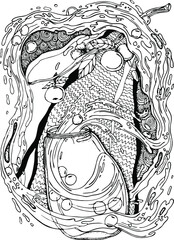 vector illustration jar with apples,juice,compote,splashes,drops,apple tree branch with fruits and leaves,doodle,coloring book