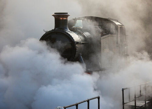 Restored GWR steam locomotive steaming at Bewdley Station, Severn Valley Railway, Worcestershire, UK.