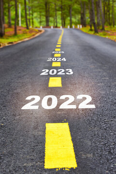 New year of 2022 2023 2024 and 2025 on asphalt road surface with marking lines. Happy new year concept and keep moving idea
