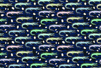 Hand drawn funny crocodiles and alligators in vector seamless pattern for boys and girls. Children's background and pattern. Print for fabrics and scrapbooking. Reptiles on grunge texture