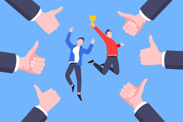 Employee recognition or proud worker of the month business concept flat style design vector illustration. Young adult man jumps in the air with trophy cup in the hand and many thumbs up around him.