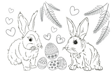 Easter. Linear rabbit image. Vector image, isolated. Coloring for children.
