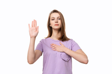 Portrait of happy, sincere brunette girl with hand on chest and open palm, making a loyalty promise...