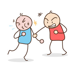 Street fight cartoon, a hand drawn doodle of stick figures in cartoon style  fighting each other in a brawl, isolated on white background.
