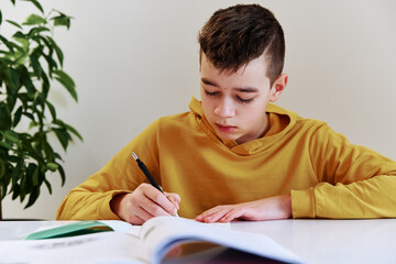 Teenage boy write homework at home. Education concept