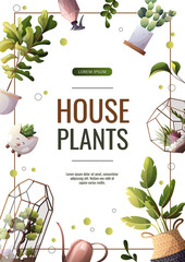 Collection of houseplants. Florarium, home garden, greenhouse, gardening, potted plant concept. A4 vector illustration for poster, banner, flyer, advertising, commercial, promo. 