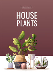 Collection of houseplants. Florarium, home garden, greenhouse, gardening, potted plant concept. A4 vector illustration for poster, banner, flyer, advertising, commercial, promo. 