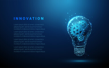 Abstract blue glowing light bulb with gears inside. Artificial intelligence and machine learning concept.