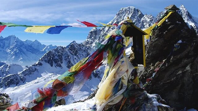 mountain scenery from gokyo ri with prayer flags - Nepal