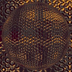 hexagonal kaleidoscopic patterns in multicolours of grey brown orange and silver on a black background 