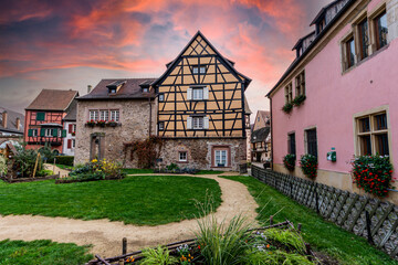 Fototapeta na wymiar Half timbered building in the historic town of Turckheim, in Alsace, France
