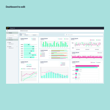 Plantilla de dashboard. Power bi. Gr&aacute;ficos de barras, diagramas, quesitos. Visualizaci&oacute;n de datos. EPS10