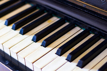 Piano keyboard, black and white key, close-up and macro, retro and vintage piano