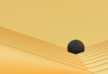 Black sphere balanced between golden cones isolated on yellow background; abstract geometric shapes; geometric primitives; modern minimal template concept; copy space; 3d rendering, 3d illustration