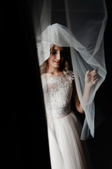 portrait of the bride. woman in a wedding dress stands near the window. the bride holds the veil. dark background. portrait of a beautiful girl.