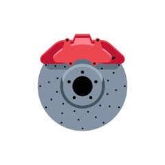 Brake disc with pad icon in flat design. Car parts on an isolated white background. Vector illustration.