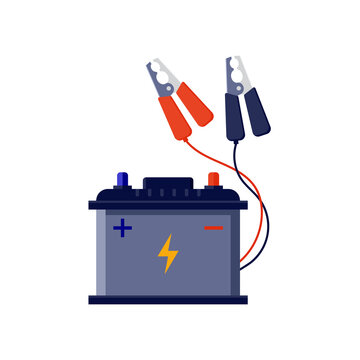 Jump Start A Car. Battery Icon In Flat Design. Maintenance. Stock Illustration