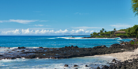 Fototapeta premium Panoramic view of the bay and coast with palm trees and small houses on the ocean shore in Hawaii on a sunny day.